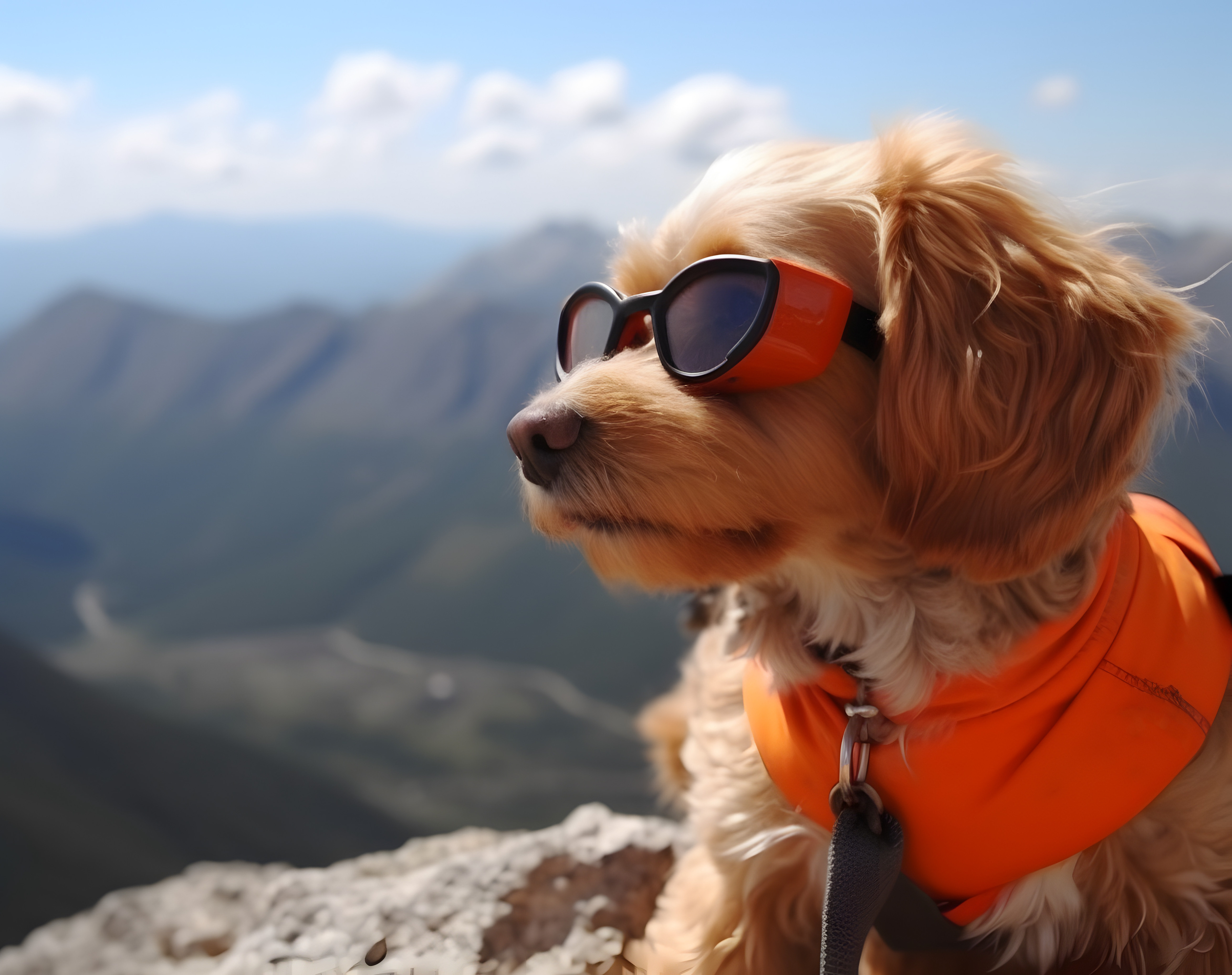 Ein Hund trägt in den Bergen eine Hundebrille zum Schutz gegen die Sonne.
