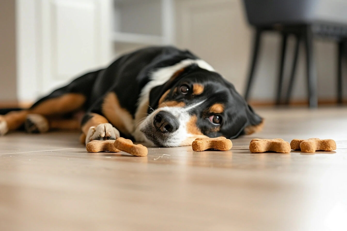 Hund liegt mit selbstgemachten Hundeleckerlis auf dem Boden.