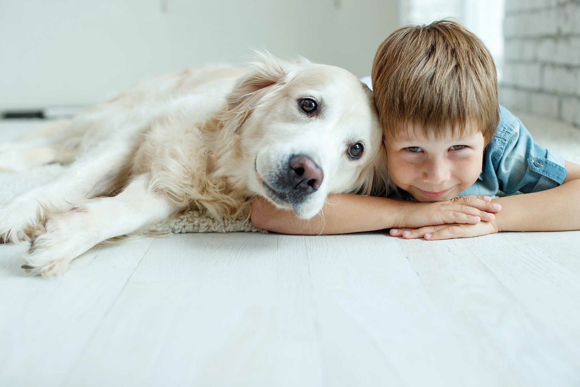 Ein kleiner Junge und ein Golden Retriever liegen auf dem Fußboden und kuscheln.