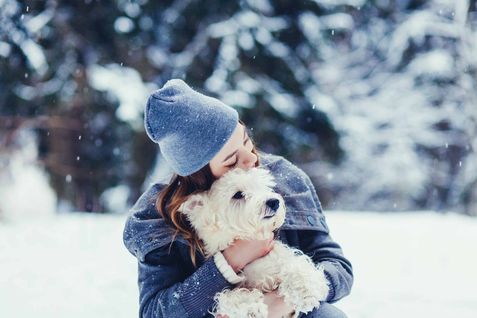 Eine Frau umarmt ihren kleinen Hund im Schnee.