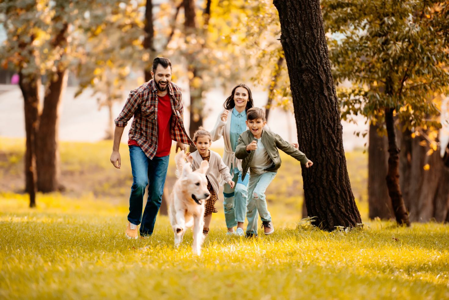 Familie rennt mit Hund über eine Wiese.