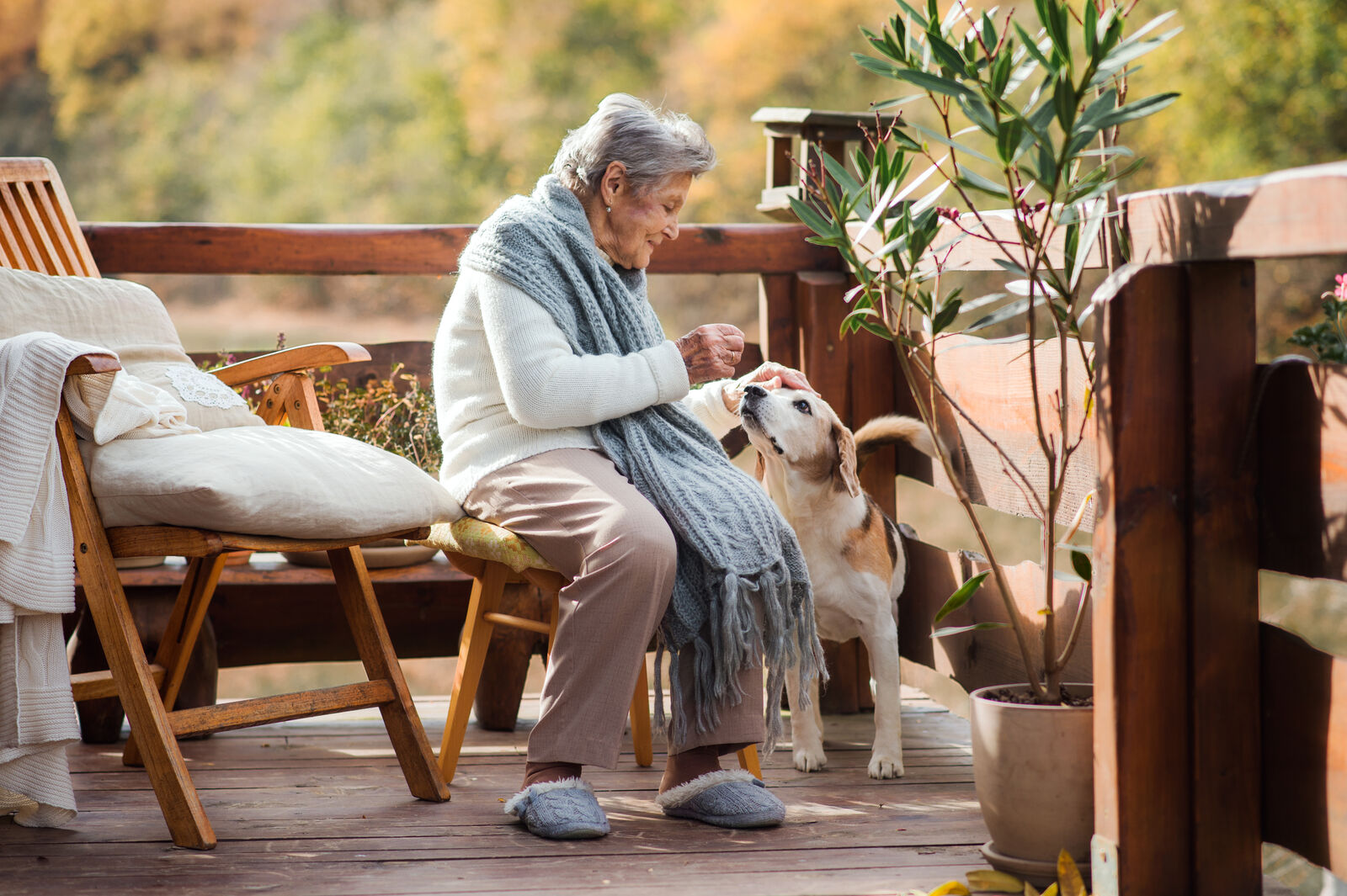  Eine alte Frau sitzt draußen auf einer Terrasse und streichelt einen Hund.