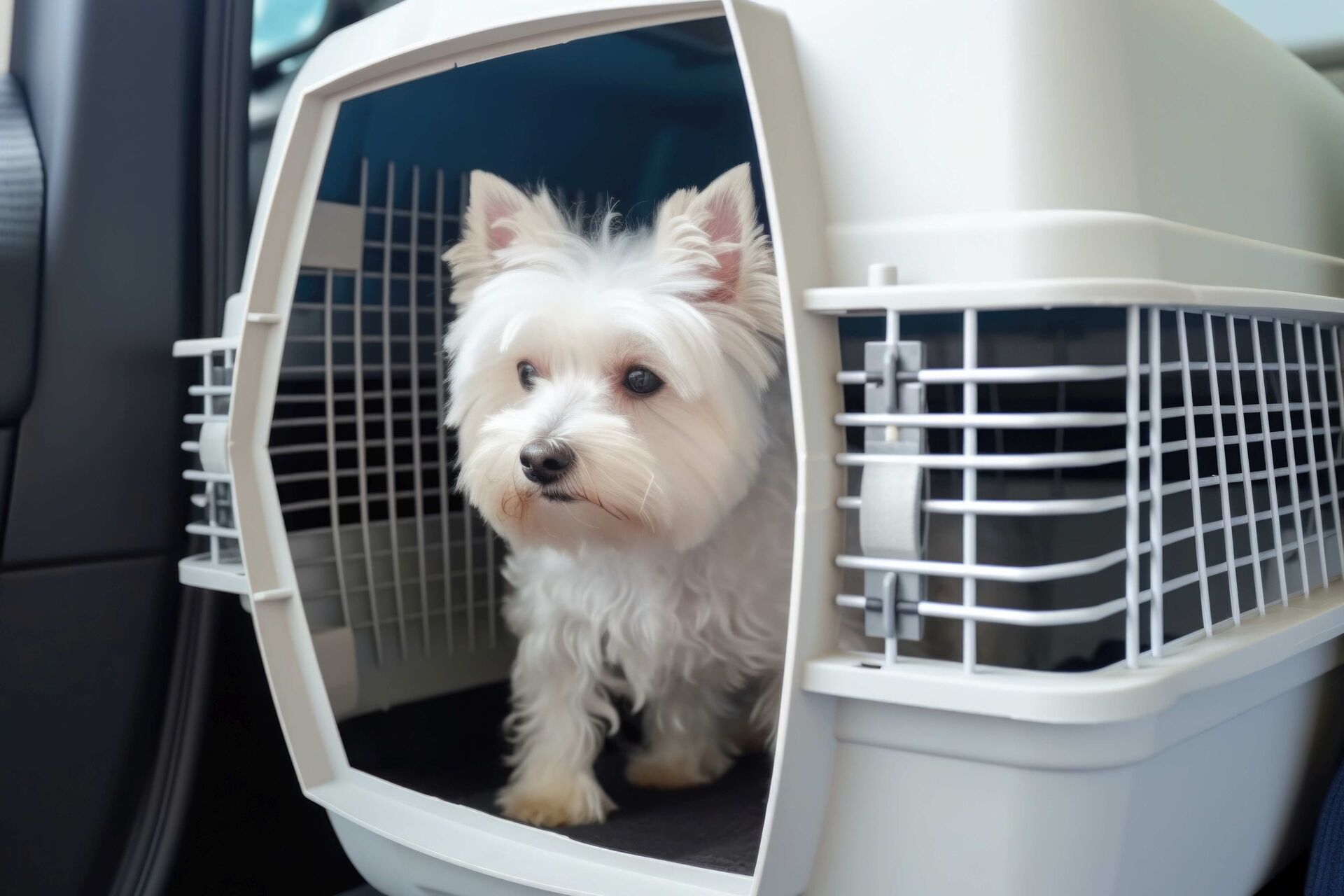 Ein Hund sitzt in einer Transportbox.