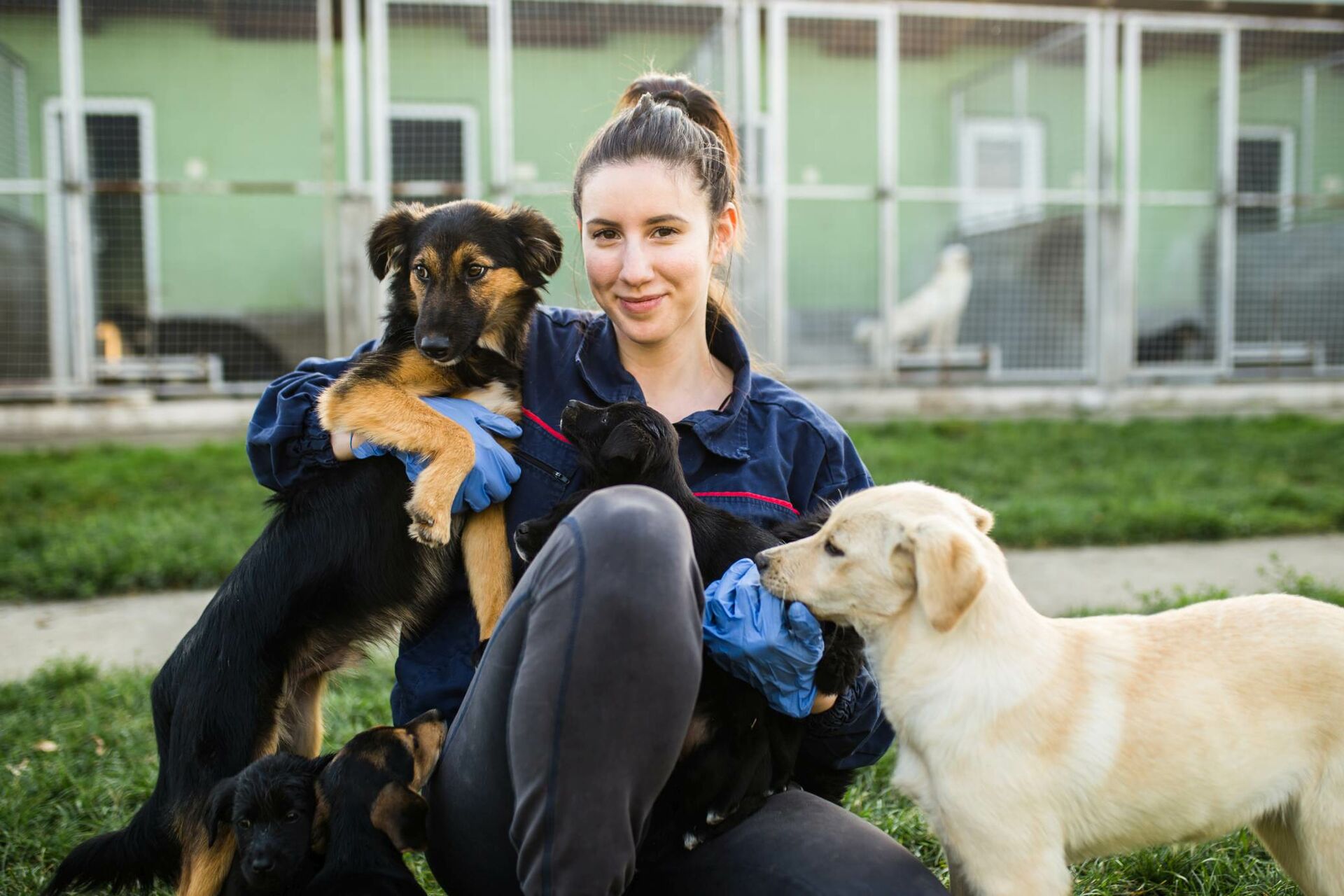 Eine Tierpflegerin mit zwei Hunden im Arm.