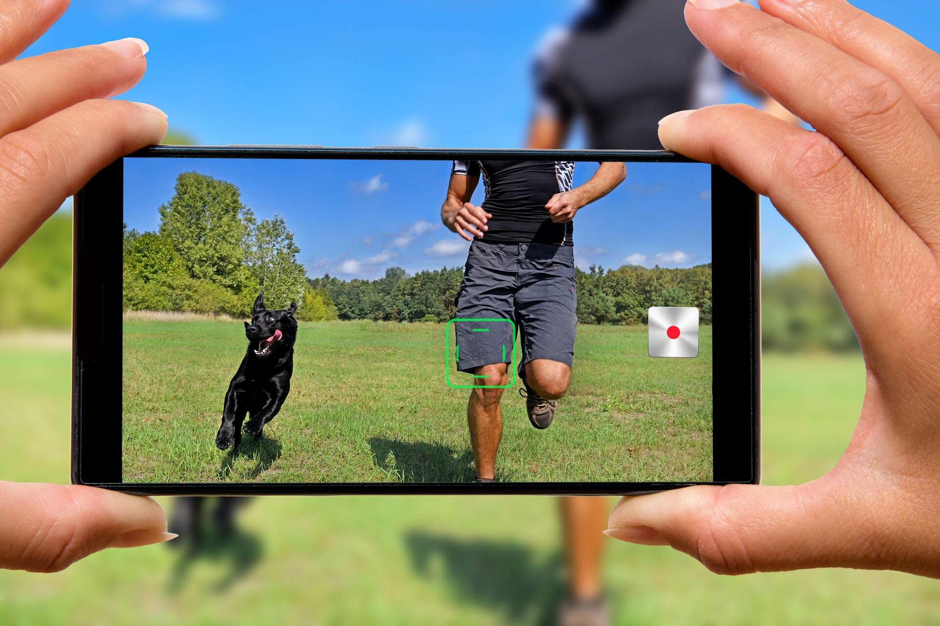 Smartphonebildschirm zeigt einen Mann, der mit einem Hund über einen Rasen rennt.