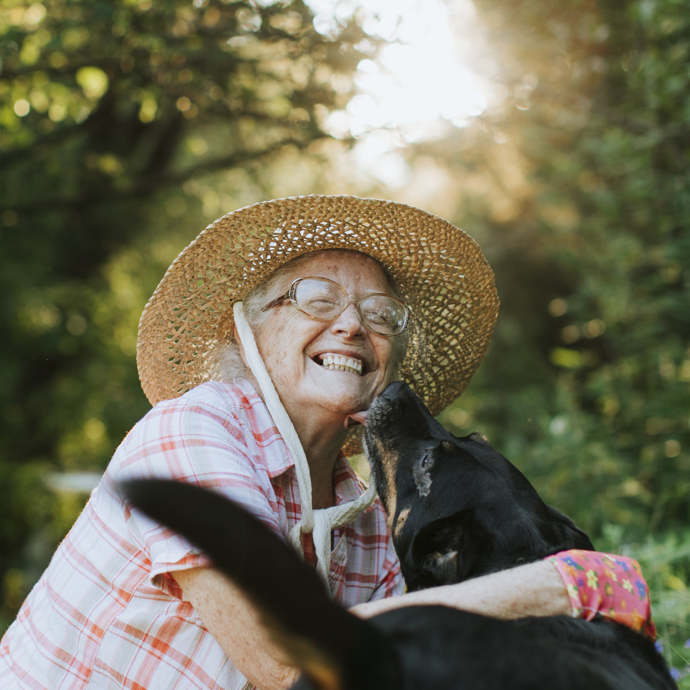Eine ältere Frau ist draußen im Garten, lacht während ein Hund ihr Gesicht ableckt.