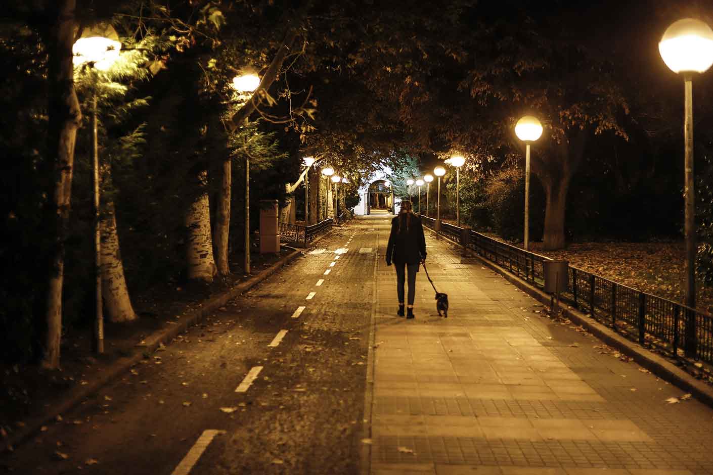 Eine Frau und Ihr Hund spazieren einen mit Laternen beleuchteten Weg entlang.